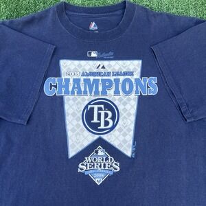 Majestic Tampa Bay Rays T-Shirt Mens L Blue 2008 American League Champions Y2K